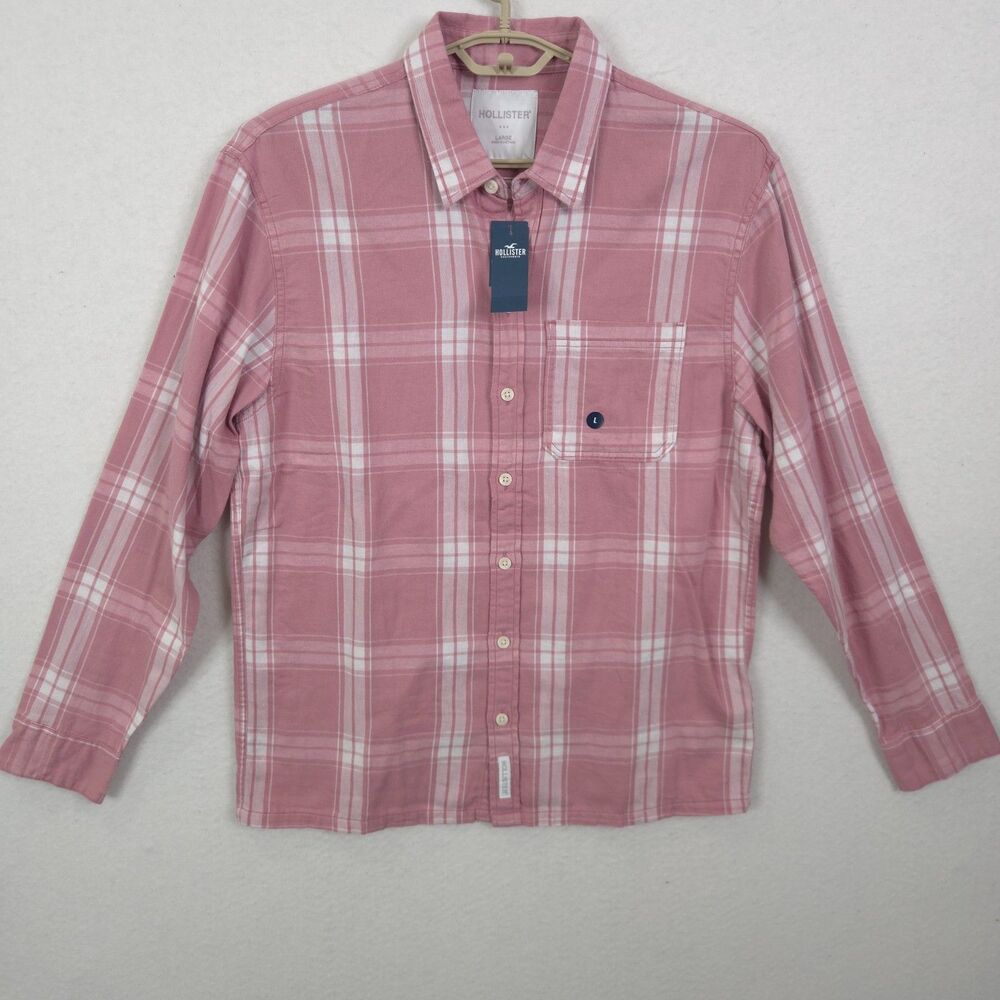 Hollister Button Up Shirt Large Pink Plaid Relaxed Fit Casual Preppy Y2K NWT